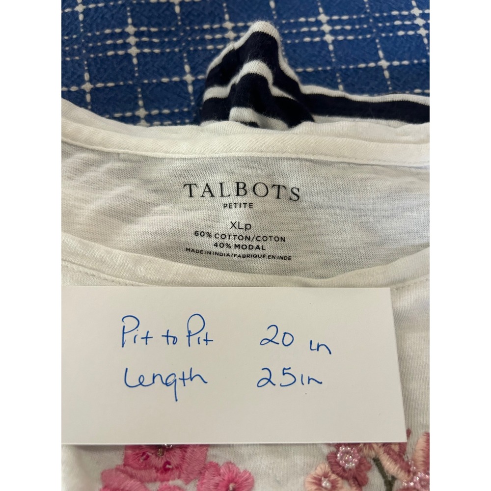 Talbots Petite XLp Striped Boat Neck Top Navy White Floral Embroidered Beaded - Picture 3 of 6